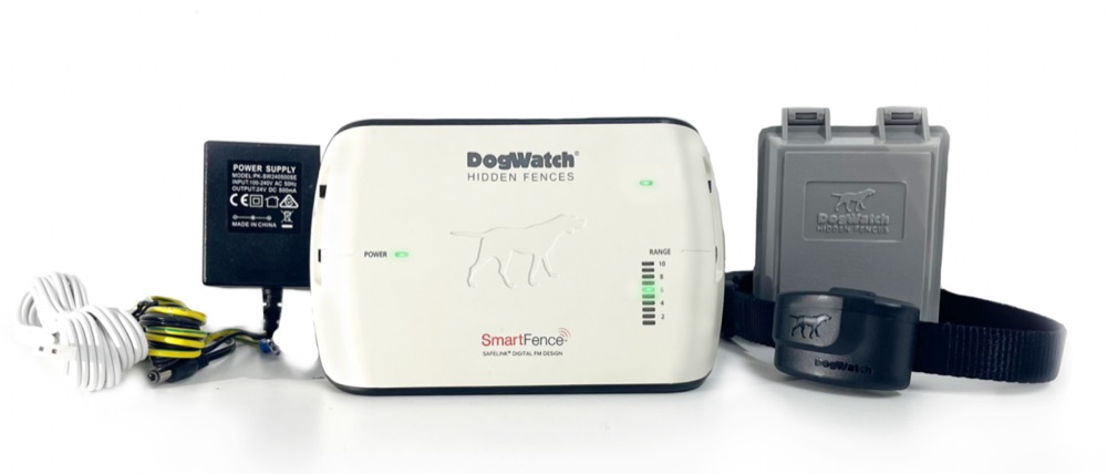 DogWatch professionally installed hidden fence system with transmitter, power supply and receiver collar